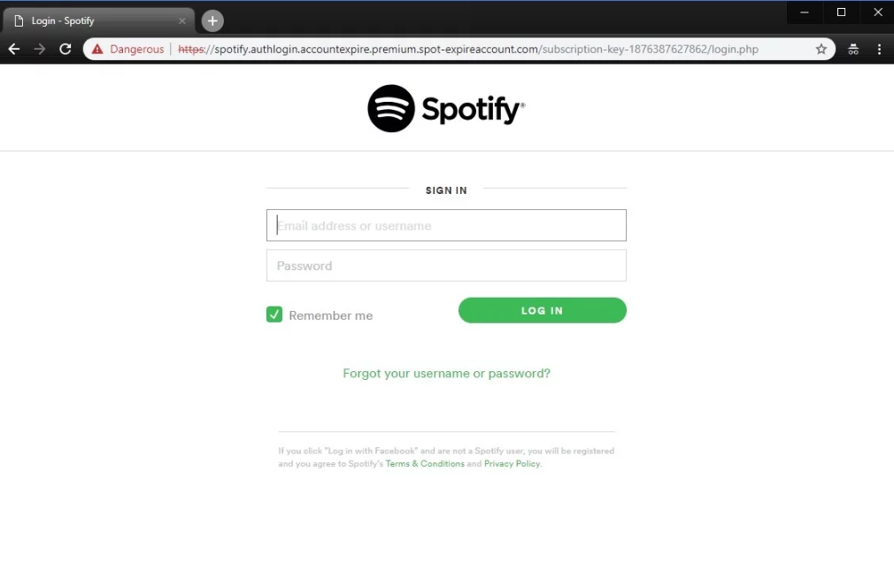 Spotify phishing login page