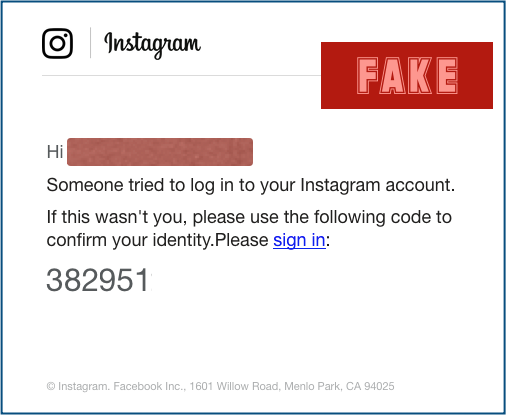 Instagram phishing email