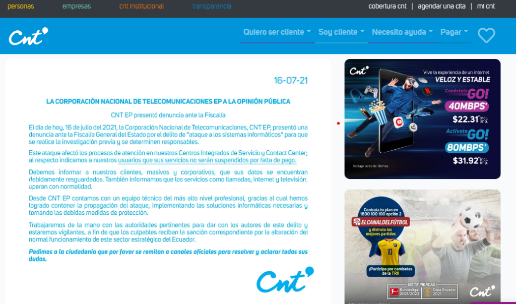 Ecuador telecom CNT cyber attack
